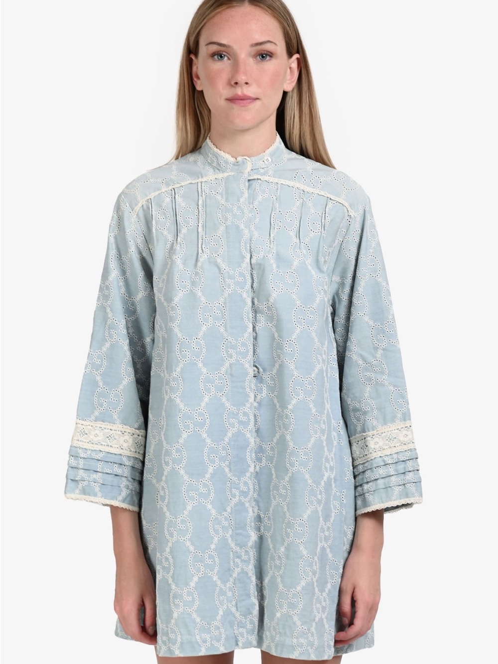 GUCCI 2019 PALE BLUE GG EMBROIDERED DENIM BUTTON DOWN DRESS SIZE 44